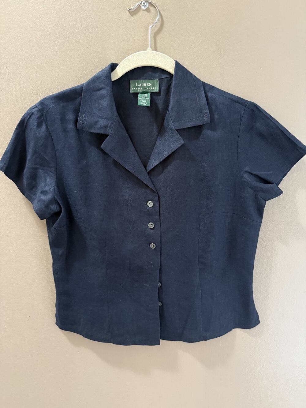 Lauren Ralph Lauren Linen Blue Crop Button up Size 6 Embroidered Collar Chic